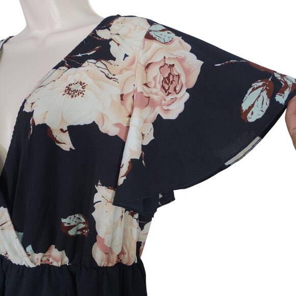Emery Rose Black Floral Surplice Vneck Dress Women Size OXL 12 Flutter Sleeves - Picture 4 of 9